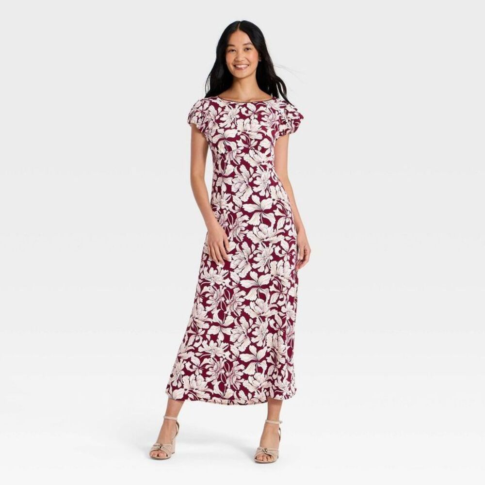 Women's Puff Short Sleeve Floral Maxi Dress - A New Day Burgundy L